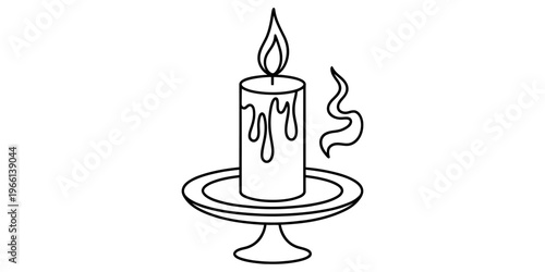 A simple black and white line art drawing of a single burning candle resting on a small candle holder
