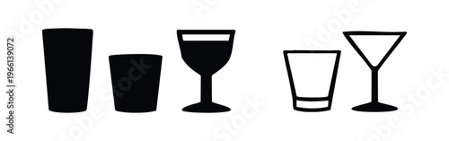 Collection of various drink glasses icons, including tumblers, wine, shot, and martini glasses, in solid black vector style.