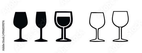 Set of wine and champagne glass icons, featuring solid and outlined styles, ideal for celebrations and beverage themes.