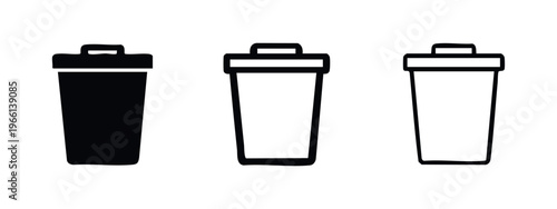 Trash can icon set with lid, in solid, outlined, and hand-drawn styles, symbolizing delete, recycle, and waste management.