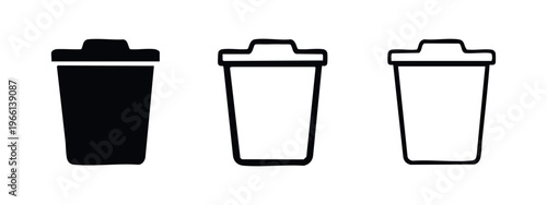 Simple trash can icon set in solid, outlined, and hand-drawn styles, representing delete, waste, and disposal.