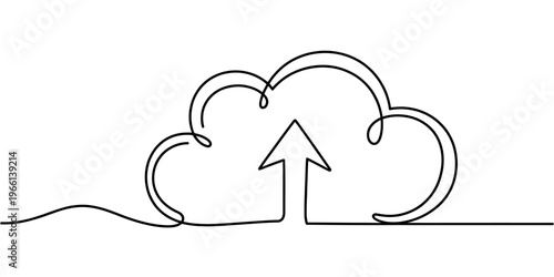 A single continuous line drawing of a cloud icon with an upward pointing arrow for data upload
