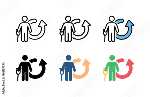 Rehabilitation icon showing person with crutch and circular arrow for recovery progress