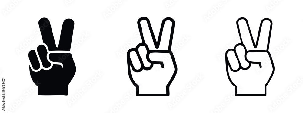 Obraz premium Peace sign hand gesture icon variations, victory symbol for success, protest, or welcome in different styles