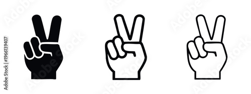 Peace sign hand gesture icon variations, victory symbol for success, protest, or welcome in different styles