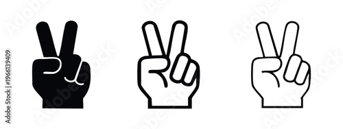 Peace sign hand gesture icon set, victory symbol for protest, love, or greeting in various styles