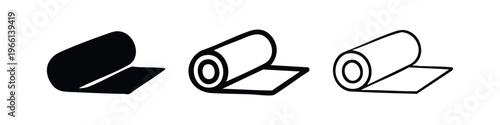 Roll of material icon set, unrolled fabric or yoga mat symbol in various styles, horizontal view