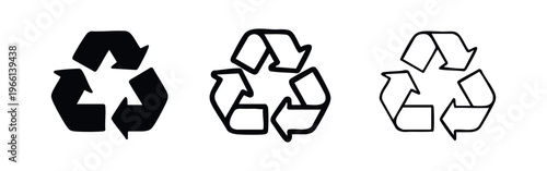 Recycling symbol icon set in solid, bold, and thin outline styles, representing environmental sustainability.