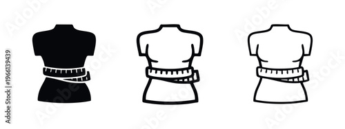 Waist measurement icon set with measuring tape, depicting diet, weight loss, and body shape.