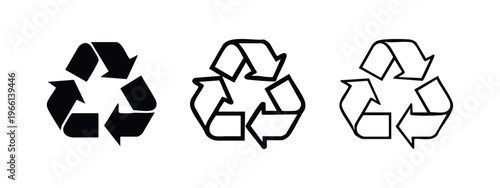 Recycling symbol icon set in solid, bold, and thin outline styles, representing environmental sustainability.