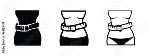 Female waist measurement icon set with measuring tape, depicting diet, weight loss, and body shape.