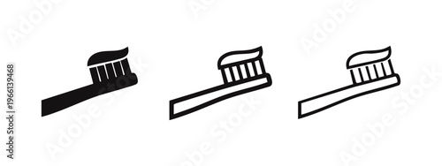 Toothbrush with toothpaste icon set. Dental hygiene and oral care symbol in various styles.