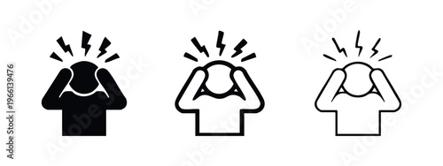 Headache, stress, and migraine icon set. Person experiencing pain or problem symbol in various styles.