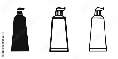 Toothpaste tube icon set. Dental hygiene and oral care product symbol in various styles.
