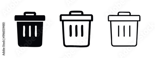 Trash can, garbage bin, delete icon set. Waste recycling symbol in various styles.