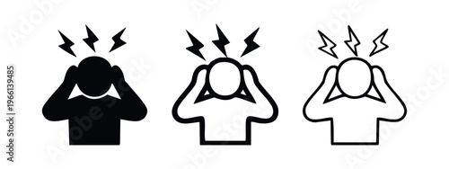 Stress, headache, and pressure icon set. Person with pain or problem symbol in various styles.
