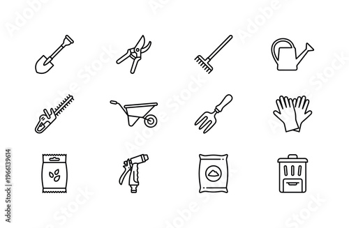 Collection of essential gardening tools and supplies neatly arranged in a grid layout