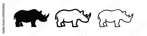 Rhinoceros icons set. Modern rhino silhouette and outline symbols. Wild animal graphic elements collection.