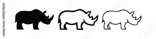 Rhinoceros icons set. Modern rhino silhouette and outline symbols. Wild animal graphic elements collection.