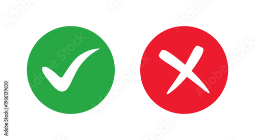 Green checkmark and red cross vector icon set. Minimal hand drawn marker doodle style tick and x marks for approved and rejected validation, representing right and wrong decisions.
