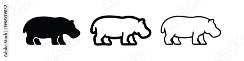 Hippopotamus icons set. Modern hippo silhouette and outline symbols. Wild animal graphic elements collection.
