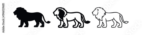 Majestic Lion Icon Set with Silhouette and Outline Versions