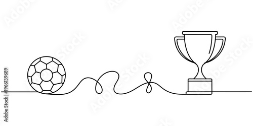 A single continuous line drawing featuring a soccer ball connected to a championship trophy cup