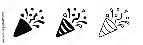 Party popper icon set. Confetti cracker symbol in glyph, stroke, and line style. Exploding popper with streamers.