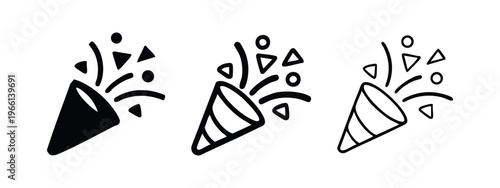 Confetti popper icon set. Party cracker symbol in glyph, stroke, and line style. Exploding popper with streamers.