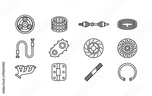 Collection of automotive and mechanical component line art icons