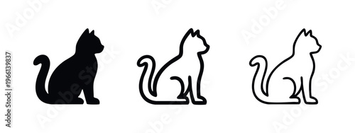 Sitting Cat Icon Set - Feline Pet Silhouette and Outline for Animal Care Design
