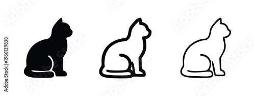 Sitting Cat Icon Set - Feline Pet Silhouette and Outline for Animal Care Design
