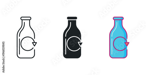 Recycling symbol on glass bottle icons in three different styles