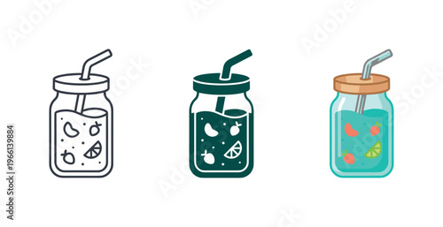 Refreshing fruit infused drinks in glass jars with straws and fruit slices