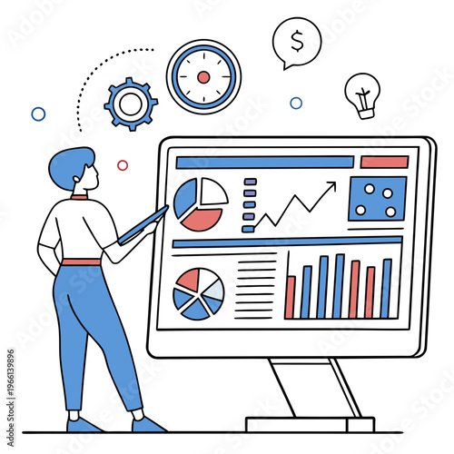 A man presenting data on a large computer monitor