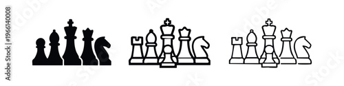 Chess Pieces Icon Set: King, Queen, Rook, Bishop, Knight, and Pawn in Solid and Outline Styles
