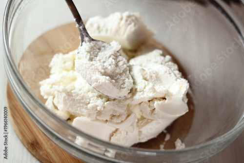 Transfer Ricotta into bowl. Making frozen strawberry cheesecake series.