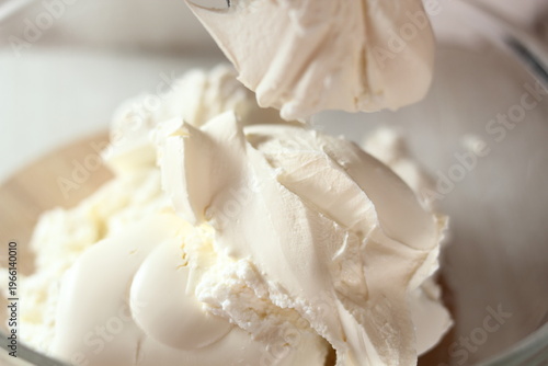 Transfer Mascarpone into bowl. Making frozen strawberry cheesecake series.