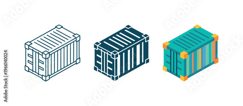 Three isometric shipping containers in different styles and colors