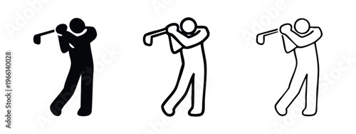 Golf Player Icon Set: Golfer Swinging a Club in Solid and Outline Style Variations