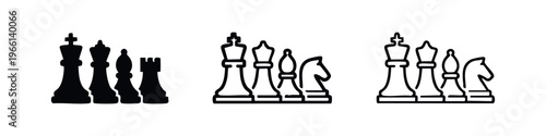 Chess Game Pieces Icon Set: King, Queen, Bishop, Knight, Rook in Solid and Outline Styles