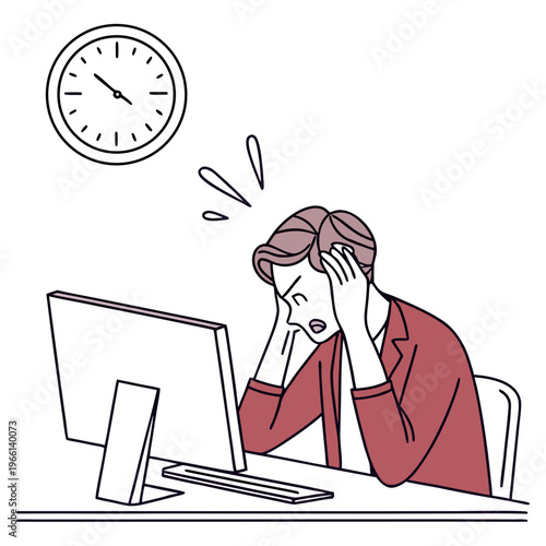 A stressed woman sitting at a desk with a computer