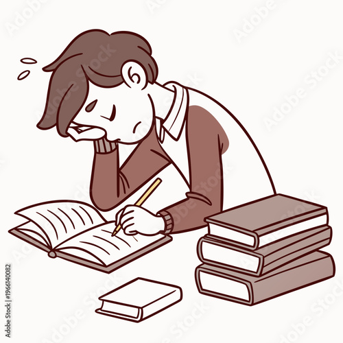 A boy studying at a desk with books
