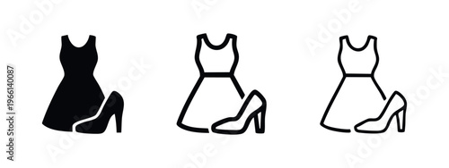 Women's Dress and High Heel Shoe Icons - Fashion Apparel and Footwear Vector Symbols