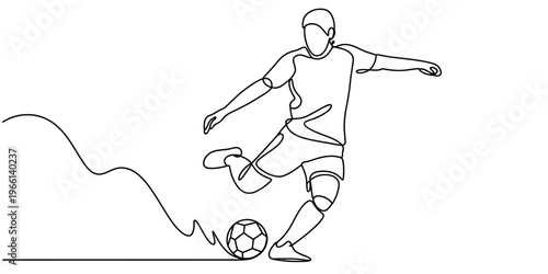 Minimalist continuous line drawing of a soccer player kicking a ball across a white background