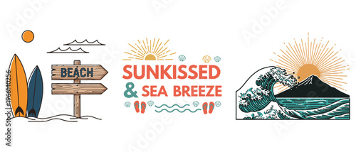 A colorful illustrative design featuring beach elements like surfboards waves and a sun drenched scene
