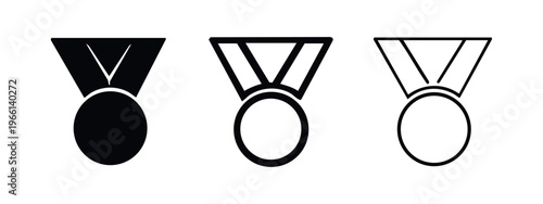 Medal award icon set. Competition winner or achievement symbol in solid and outline style on white background.