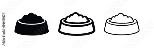 Pet food bowl icon set. Dog or cat meal symbols in solid and outline style. Animal feeding concept on white background.