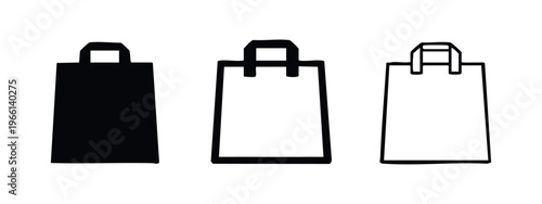 Set of Shopping Bag Icons. Modern Retail and E-commerce Vector Symbols with Angular Handles in Glyph and Outline Styles.