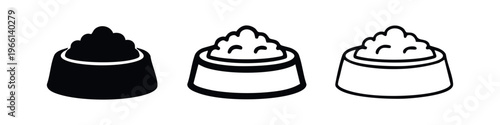 Pet food bowl icon set. Dog or cat meal symbols in solid and outline style. Animal feeding concept on white background.